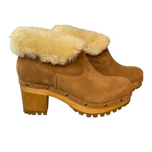 Ugg Chestnut Thebes Suede/Sheepskin Clog Boots, Women 10